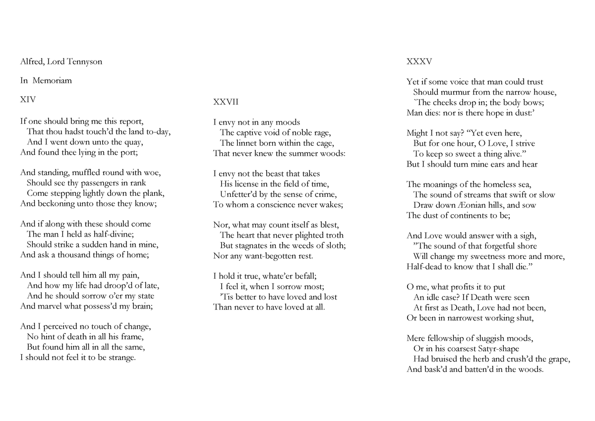 Alfred, Lord Tennyson In Memoriam XIV_XXVII_XXXV