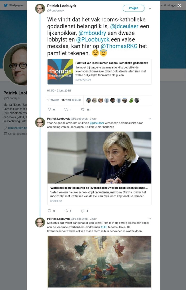Patrick Loobuyck twitter over pamflet Godsdienst met of zonder LEF